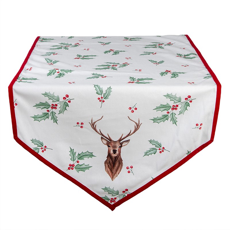 Clayre & Eef Tafelloper Kerst  50x160 cm Wit Rood Katoen Hert Hulstbladeren Tafelkleed - 