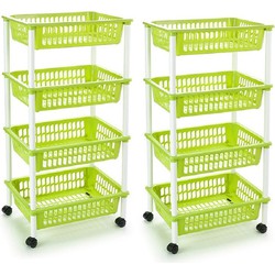 2x stuks opberger/organiser trolley/roltafel met 4 manden 85 cm groen - Opberg trolley