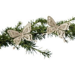 2x stuks kerstboom decoratie vlinders op clip glitter champagne 14 cm - Kersthangers