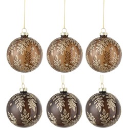 J-line - Doos Van 6 Kerstballen 3+3 Blaadjes Glas Transparant Camel/bruin Small - 8x8x10cm