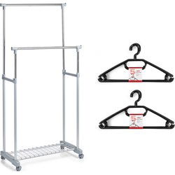 Kledingrek met kleding hangers - dubbele stang - kunststof - grijs - 83 x 43 x 107 - Kledingrekken