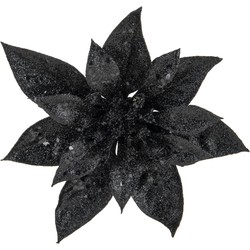 1x stuks decoratie bloemen kerstster zwart glitter op clip 15 cm - Kersthangers