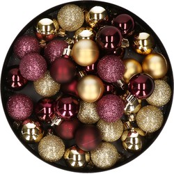 Kleine kunststof kerstversiering 40x stuks set en 3 cm kerstballen in het goud en aubergine - Kerstbal