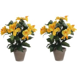 2x stuks hibiscus kunstplanten geel in grijze pot H40 x D30 cm - Kunstplanten
