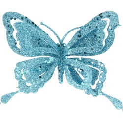 1x stuks decoratie vlinders op clip glitter ijsblauw 14 cm - Kersthangers