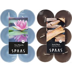 Candles by Spaas geurkaarsen - 24x stuks in 2 geuren Waterlelie bloemen en Exotic wood - geurkaarsen