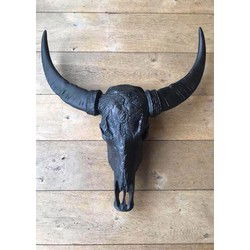 Buffel schedel skull bedrukt - Skull voor aan de muur - Dierenhoofd - Schedel decoratie - Skull - Skull gegraveerd - Zwart - 68 cm