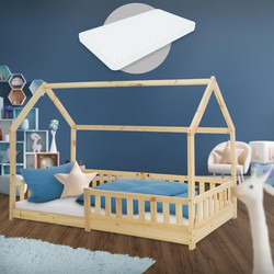 Kinderbed met uitvalbeveiliging lattenbodem en dak 200x90 cm Dennenhout naturel ML-Design