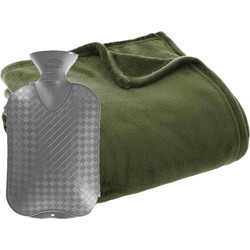 Fleece deken/plaid Olijf Groen 130 x 180 cm en een warmwater kruik 2 liter - Plaids