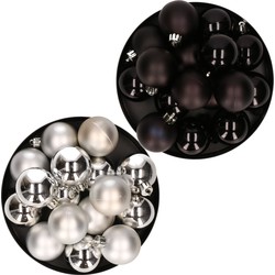 Kerstversiering kunststof kerstballen mix zwart/ zilver 4 en 6 cm pakket van 80x stuks - Kerstbal