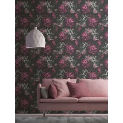 Livingwalls behang bloemmotief lila paars, zwart, grijs en wit - 53 cm x 10,05 m - AS-385094