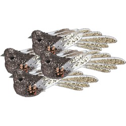 4x stuks kunststof decoratie vogels op clip bruin met pailletten 15 cm - Kersthangers