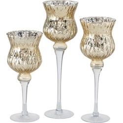 Luxe glazen design kaarsenhouders/windlichten set van 3x stuks metallic goud 30-40 cm - Waxinelichtjeshouders