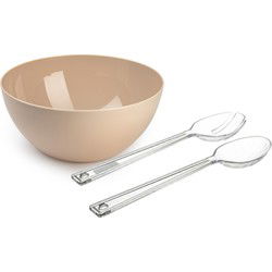 Salade serveer schaal - beige - kunststof - Dia 28 cm - met sla couvert/bestek - Serveerschalen