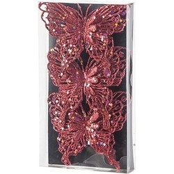 12x Kerstboomversiering vlinders op clip glitter rood 11 cm - Kersthangers