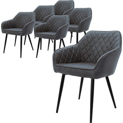 Eetkamerstoel set van 6 ruitvormige quilting met rugleuning en armleuningen antraciet Keukenstoel met kunstlederen bekleding ML design