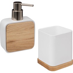 Badkamer/toilet accessoires set - tandenborstelhouder en zeeppompje - wit - bamboe - 200 ml - Badkameraccessoireset