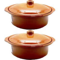 Set van 2x stuks tapas terracotta ovenschalen/stoofpotten cocotte met deksel 30 cm - Braadpannen
