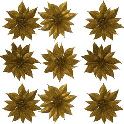 12x stuks glitter decoratie bloemen op clip goud 9.5 cm - Kunstbloemen