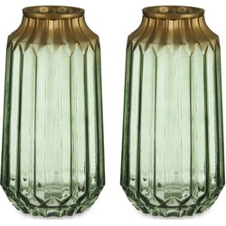 Bloemenvazen 2x stuks - luxe deco glas - groen transparant/goud - 13 x 23 cm - Vazen
