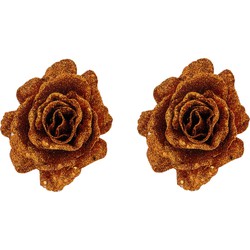 2x stuks decoratie bloemen roos koper glitter op clip 10 cm - Kunstbloemen
