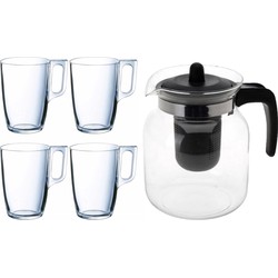 Glazen theepot zwart met filter van 1,5 liter met 10x stuks theeglazen Arcoroc van 320 ml - Theepotten