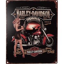 Clayre & Eef Tekstbord  20x25 cm Zwart Rood Ijzer Vrouw met motor Harley Davidson Wandbord