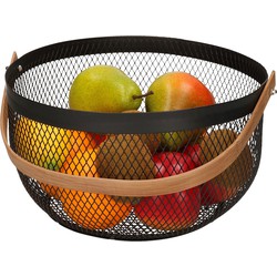 Fruitschaal/fruitmand met handvat rond zwart metaal 29 cm - Fruitschalen