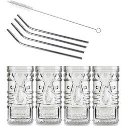 4x Cocktailglazen / Mai Tai glazen transparant 490 ml met RVS rietjes - Cocktailglazen