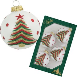 Krebs kerstballen - 4x stuks - wit met kerstboom - glas - 7 cm - Kerstbal