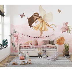 Fee in roze bloemenzee - Kinderbehang - 292,2 cm x 280 cm - Walloha 