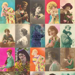 ESTAhome behang XXL vintage ansichtkaarten met vrouwengezichten meerkl