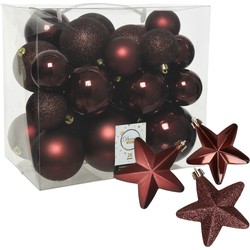 Pakket 32x stuks kunststof kerstballen en sterren ornamenten mahonie bruin - Kerstbal