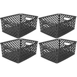5Five Opbergmand/box van kunststof - 4x - zwart - 19 x 25 x 10 cm - 4 liter - Opbergmanden