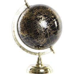 Items Deco Wereldbol/globe op voet - kunststof - zwart/goud - home decoratie artikel - D18 x H33 cm - Wereldbollen