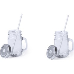 2x stuks Drink potjes van glas Mason Jar zilvergrijze deksel 500 ml - Drinkbekers