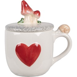 Clayre & Eef Mok  400 ml Wit Rood Keramiek Paddenstoelen Koffiemok