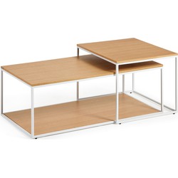 Kave Home - Yoana set van 2 salontafels met eikenfineer en wit metalen structuur, 80 x 80 cm