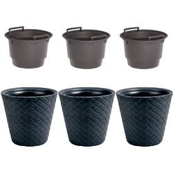 3x Bloempotten/plantenpotten kunststof antraciet 12 liter met binnenpot 8 liter - Plantenpotten