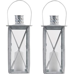 Set van 2x stuks zilveren tuin lantaarn/windlicht van zink 12 x 12 x 25,5 cm - Lantaarns
