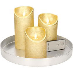 Ronde kaarsenplateau zilver van kunststof D27 cm met 3 gouden LED-kaarsen 10/12,5/15 cm - Kaarsenplateaus