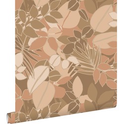 ESTAhome behang bladeren donker beige en terracotta roze - 50 x 900 cm - 139847