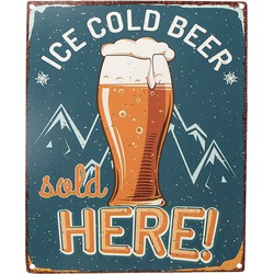 Clayre & Eef Tekstbord  20x25 cm Blauw Geel Ijzer Ice cold beer Wandbord