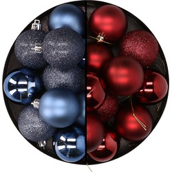 24x stuks kunststof kerstballen mix van donkerblauw en donkerrood 6 cm - Kerstbal