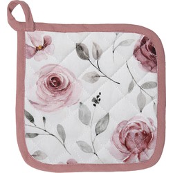 Clayre & Eef Pannenlap  20x20 cm Wit Roze Katoen Vierkant Rozen Afgiet Pannenlap