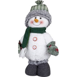 Pluche decoratie sneeuwpop - 40 cm - pop - met geruite muts - Kerstman pop