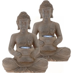 2x stuks tuinverlichting solar lamp boeddha beelden bruin 28 cm - Tuinbeelden