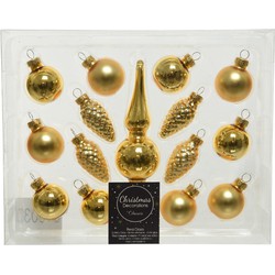 Gouden glazen kerstballen 3 cm en piek set voor mini kerstboom 15-dlg - Kerstbal