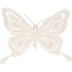 1x stuks decoratie vlinders op clip glitter wit 14 cm - Kersthangers