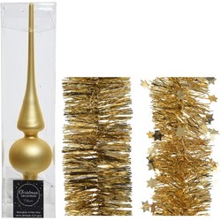 Kerstversiering glazen piek mat 26 cm en folieslingers pakket goud van 3x stuks - kerstboompieken